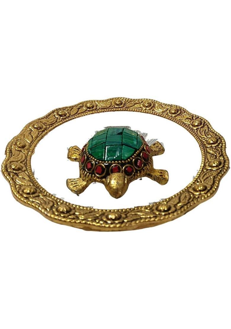 HOMESIE Fengshui Tortoise with Plate Decorative Showpiece - 14 cm&nbsp;&nbsp;(Glass, Green) - Indya