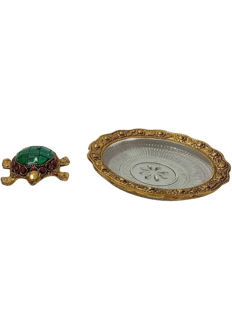 HOMESIE Fengshui Tortoise with Plate Decorative Showpiece - 14 cm&nbsp;&nbsp;(Glass, Green) - Indya