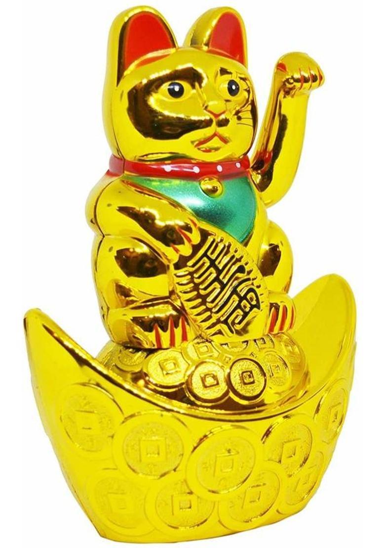 SWISS WONDER Plastic Feng Shui/Vastu Lucky Cat Decorative Showpiece - 15 cm&nbsp;&nbsp;(Plastic, Gold) - Indya