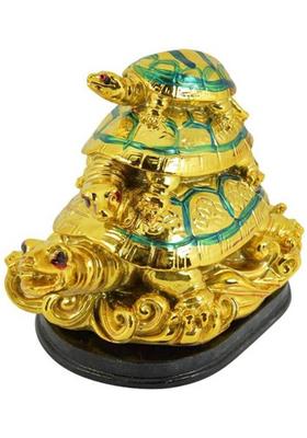 7 Ocean Feng Shui Triple Turtle Decorative Showpiece - 8.5 cm&nbsp;&nbsp;(Polyresin, Gold)