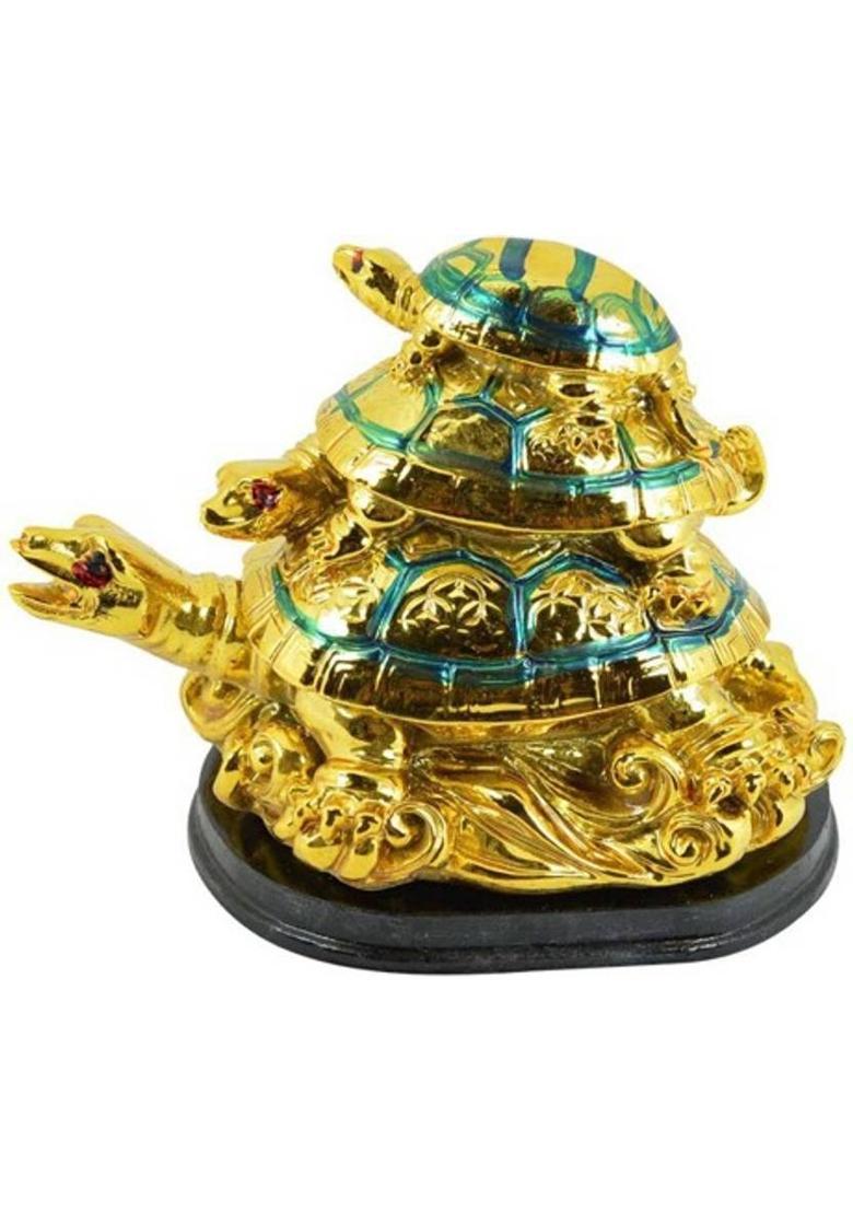 7 Ocean Feng Shui Triple Turtle Decorative Showpiece - 8.5 cm&nbsp;&nbsp;(Polyresin, Gold) - Indya