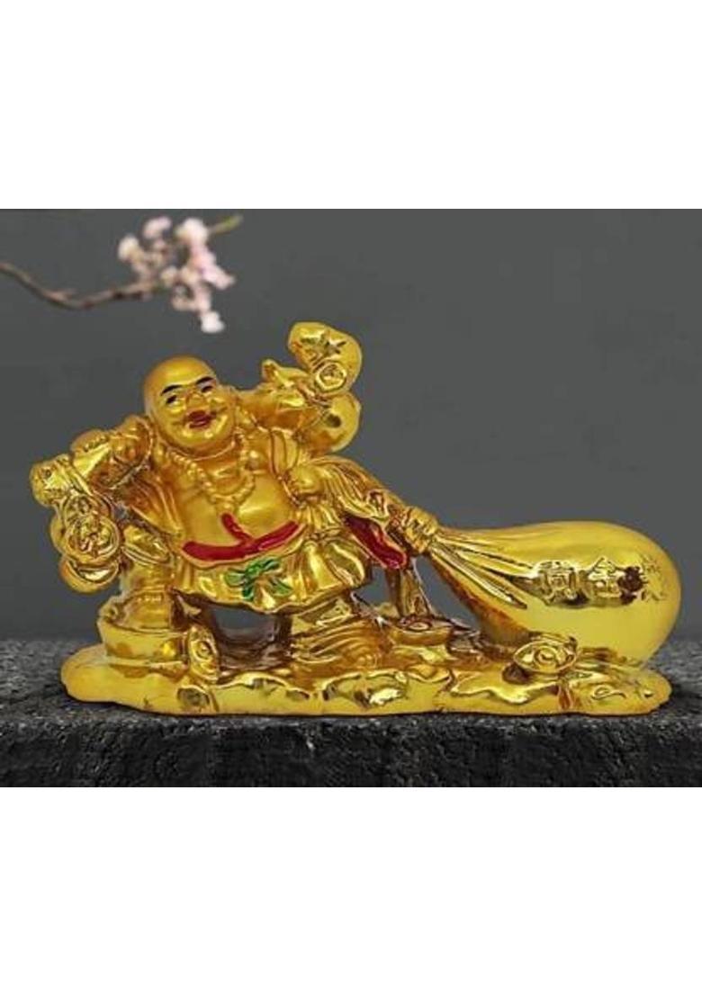 Revive Feng Shui Sitting Laughing Buddha for Good Luck, Fortune, Health, Wealth, Success and Prosperity | Decorative Showpiece for Office Desk, Shop, Table, Home and Car Decoration Decorative Showpiece - 7.5 cm&nbsp;&nbsp;(Polyresin, Gold) - Indya