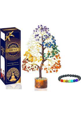 VIBESLE Seven Chakra Crystal Tree with Bracelet | Feng Shui Crystal Tree Decorative Showpiece - 25 cm&nbsp;&nbsp;(Stone, Multicolor)