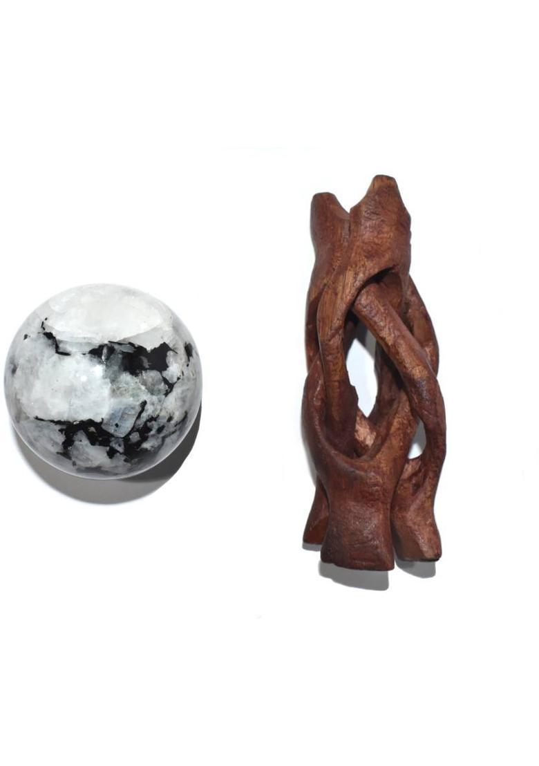 Healings4u Sphere Rainbow Moonstone Size 1.5-2 Inch & One Wooden Ball stand Natural Crystal Ball Sphere Vastu Reiki Chakra Healing Decorative Showpiece - 5 cm&nbsp;&nbsp;(Stone, White) - Indya