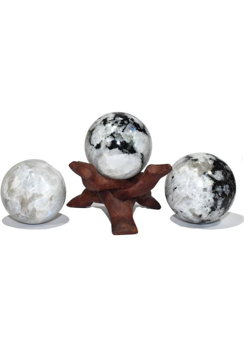 Healings4u Sphere Rainbow Moonstone Size 1.5-2 Inch & One Wooden Ball stand Natural Crystal Ball Sphere Vastu Reiki Chakra Healing Decorative Showpiece - 5 cm&nbsp;&nbsp;(Stone, White) - Indya