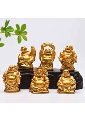 Shopperduniya Fengshui Laughing Buddha Set of 6 Different Poses for Good Luck Wealth Happiness Decorative Showpiece - 4 cm&nbsp;&nbsp;(Polyresin, Gold)