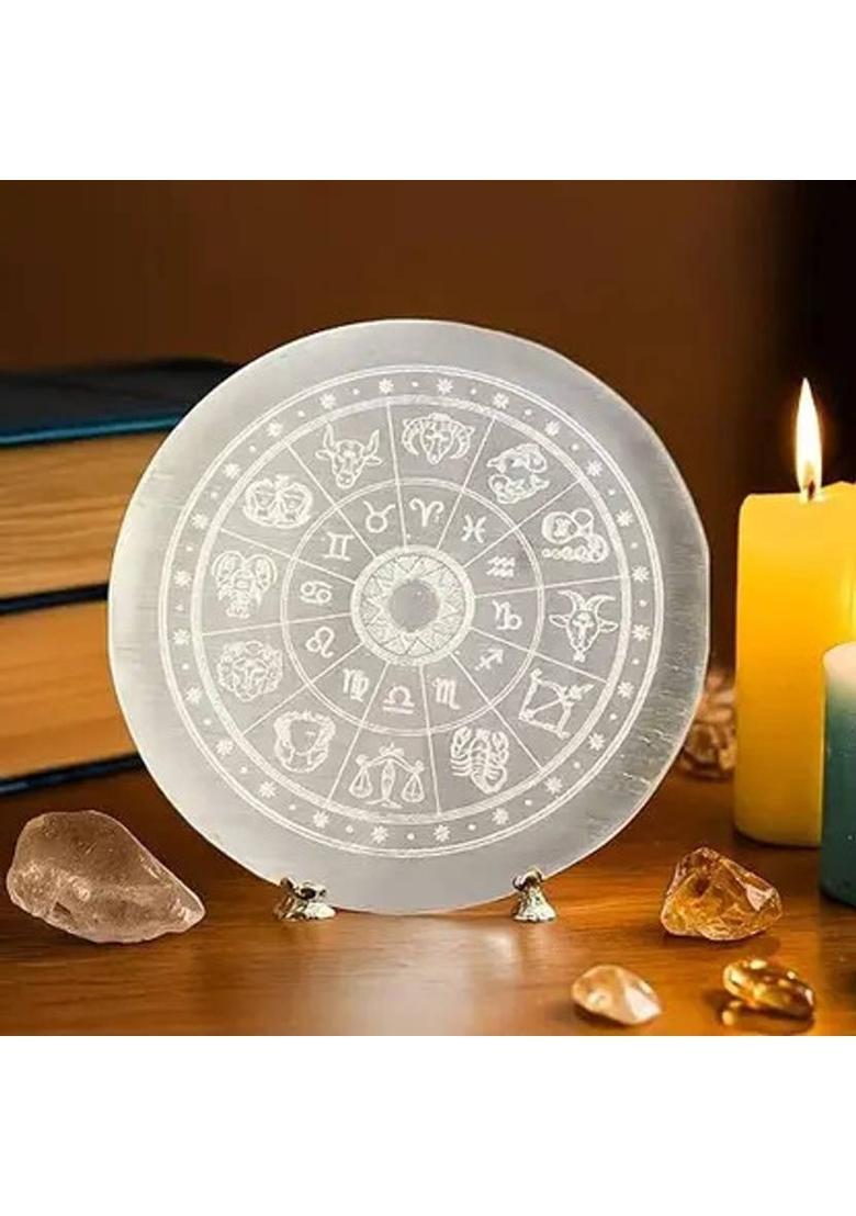 Swara Agate Zodiac Selenite Charging Plate Engraved Symbol for Reiki Healing and Fengshui Decorative Showpiece - 4 cm&nbsp;&nbsp;(Stone, Crystal, White) - Indya