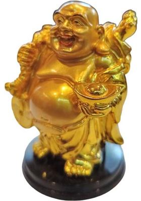 Gurucharan Laughing Buddha Stands holding a FAN for Good Luck Prosperity Decorative Showpiece - 7 cm&nbsp;&nbsp;(Resin, Gold)