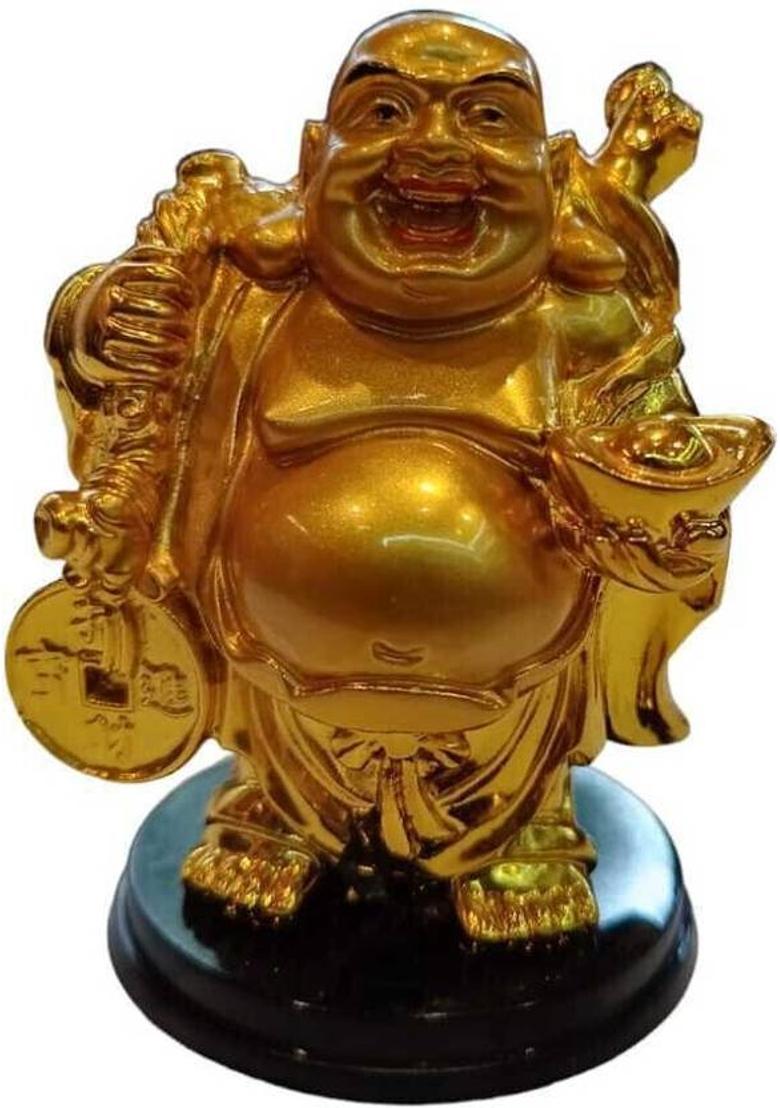 Gurucharan Laughing Buddha Stands holding a FAN for Good Luck Prosperity Decorative Showpiece - 7 cm&nbsp;&nbsp;(Resin, Gold) - Indya
