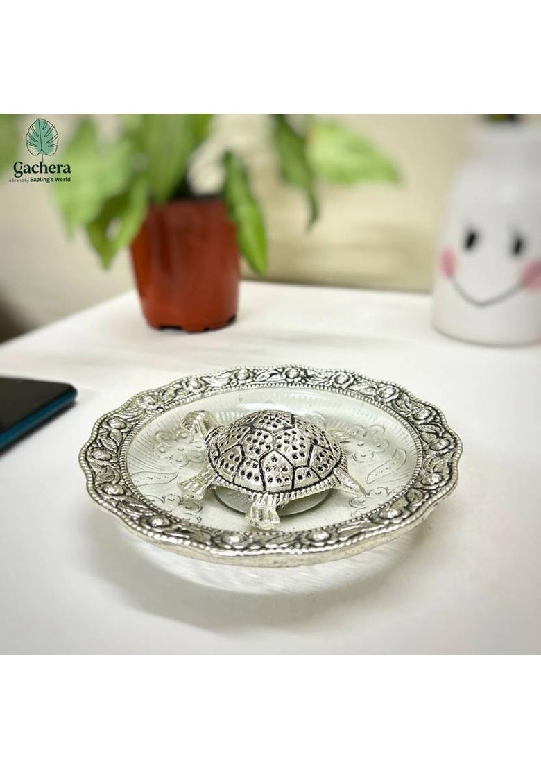 Gachera Metal Feng Shui Tortoise on Glass Plate, Turtle Showpiece for Good Luck, Kachua Decorative Showpiece - 3 cm&nbsp;&nbsp;(Aluminium, Silver) - Indya