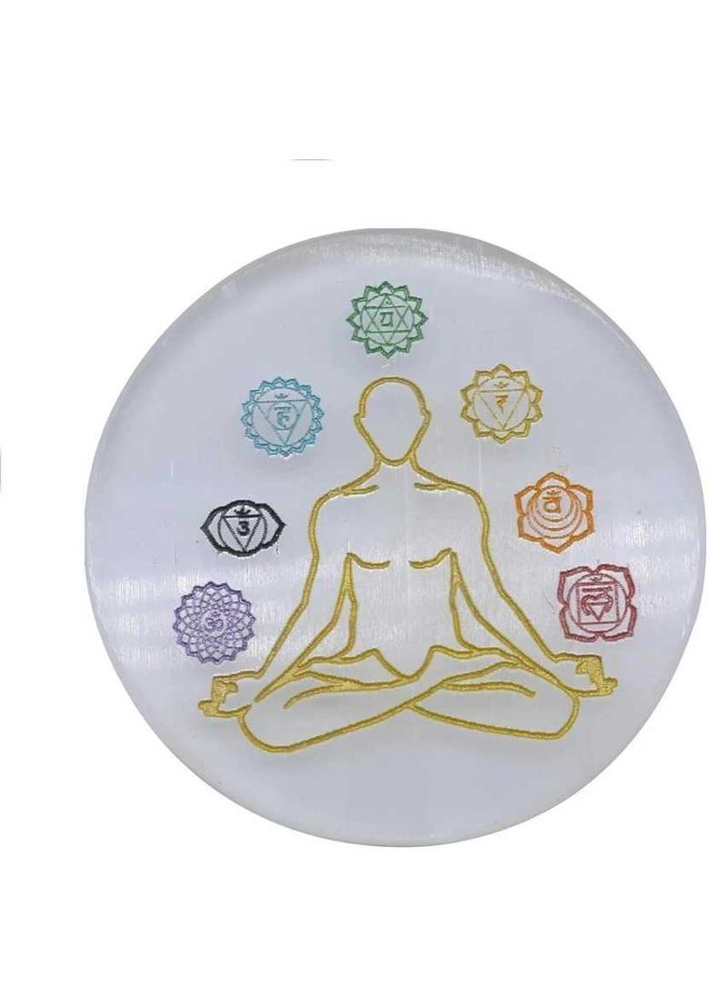 TREEMAISON ShreeYantra Round Selenite Plate (4 INCH) Selenite Crystal Charging Plate Decorative Showpiece - 10.16 cm&nbsp;&nbsp;(Crystal, White) - Indya