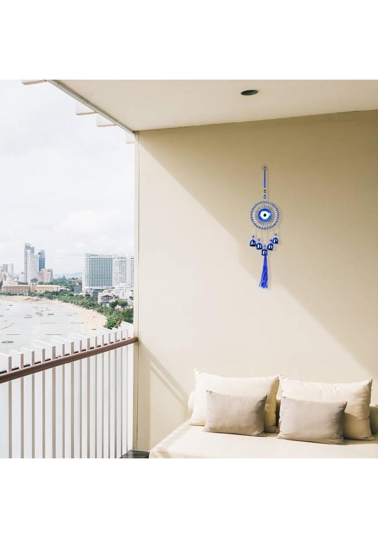 Alphabettm 5 Bell EviL Eye WindChime For Home - CLASSIC Design Hanging Ornament For Balcony Decorative Showpiece - 35 cm&nbsp;&nbsp;(Metal, Steel) - Indya