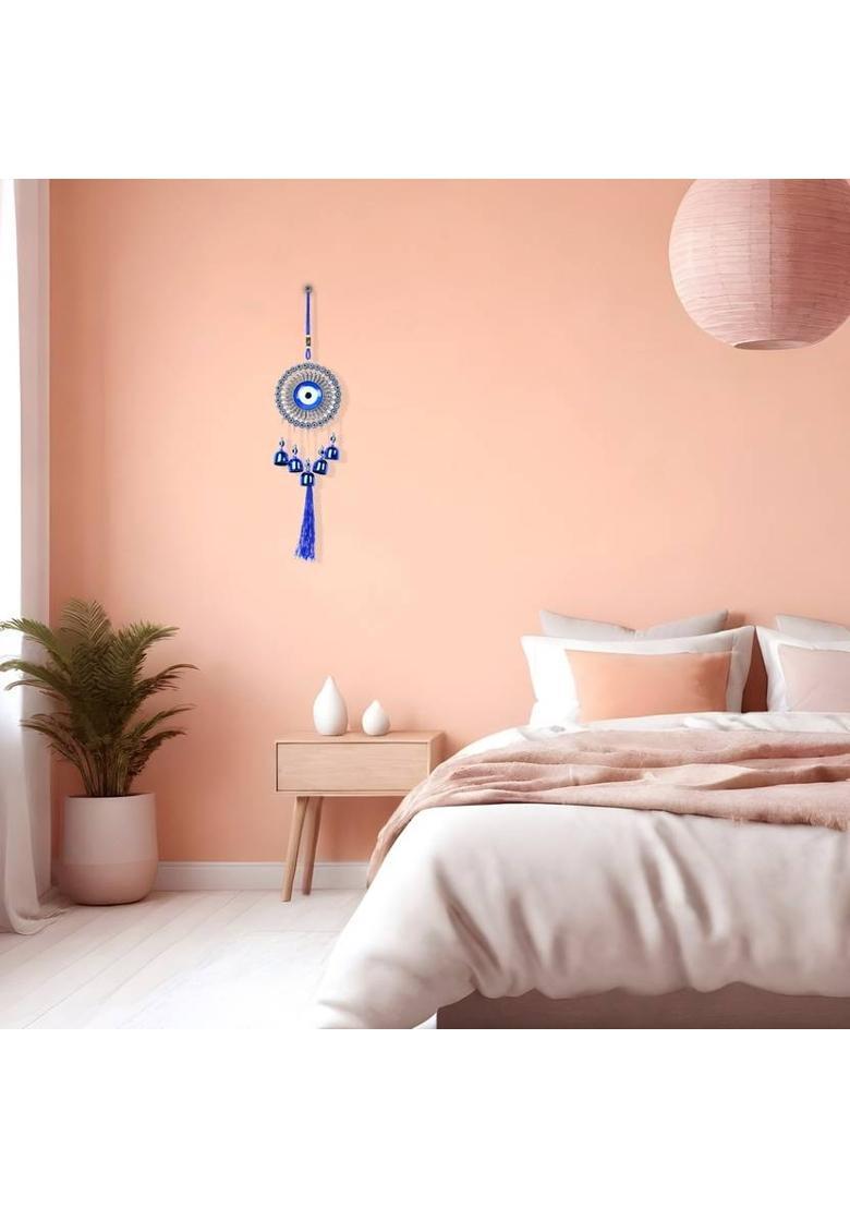 Alphabettm 5 Bell EviL Eye WindChime For Home - CLASSIC Design Hanging Ornament For Balcony Decorative Showpiece - 35 cm&nbsp;&nbsp;(Metal, Steel) - Indya