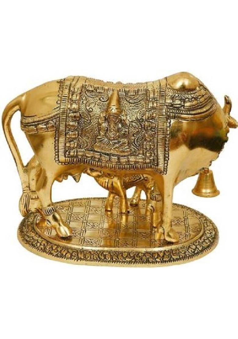 Pinkcity Xpress Small 6 CM Golden Kamdhenu Cow With Calf Statue,Cow and Calf Idol,Good Luck Decorative Showpiece - 15 cm&nbsp;&nbsp;(Metal, Gold) - Indya