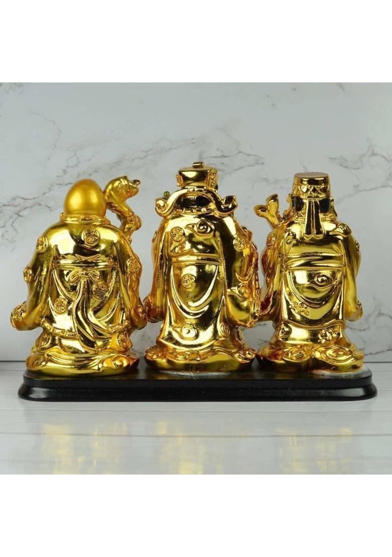 Vastu Art / Vastu / Feng Shui / Golden Fuk Luk Sau On Stand For Family Protection And Health Wealth Or Happiness Decorative Showpiece - 8 cm&nbsp;&nbsp;(Polyresin, Gold) - Indya
