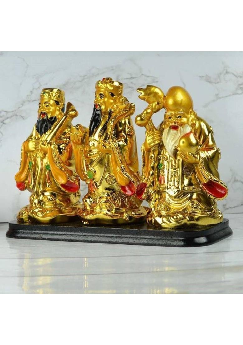 Vastu Art / Vastu / Feng Shui / Golden Fuk Luk Sau On Stand For Family Protection And Health Wealth Or Happiness Decorative Showpiece - 8 cm&nbsp;&nbsp;(Polyresin, Gold) - Indya