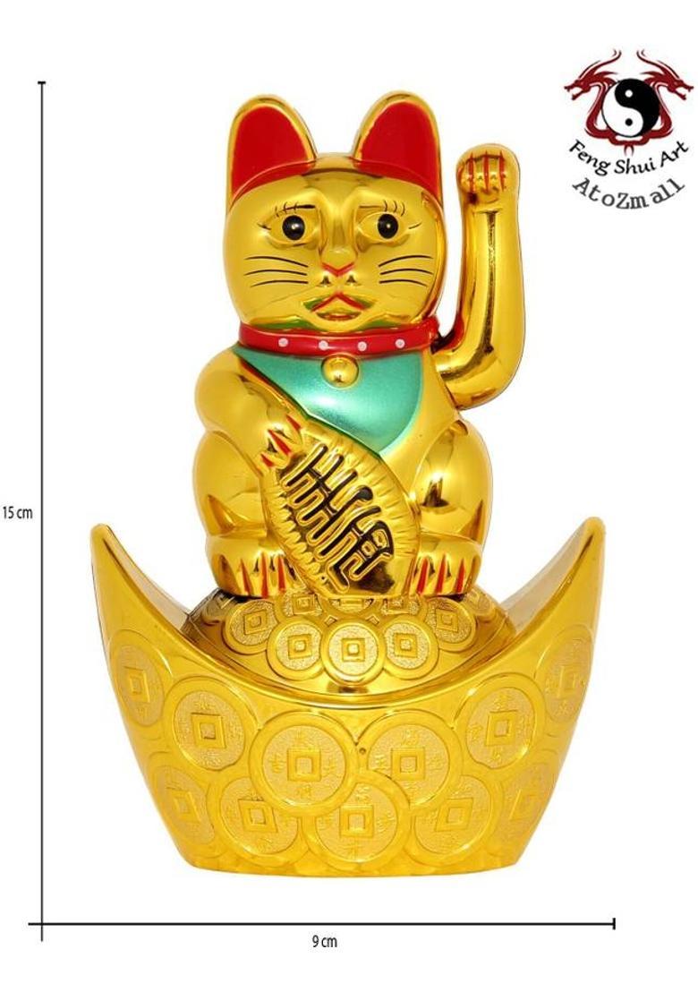 Feng Shui Art PNOTED Vastu / Welcome Cat Sitting On Money Ingot For Wealth And Prosperity Decorative Showpiece - 15 cm&nbsp;&nbsp;(Plastic, Gold) - Indya