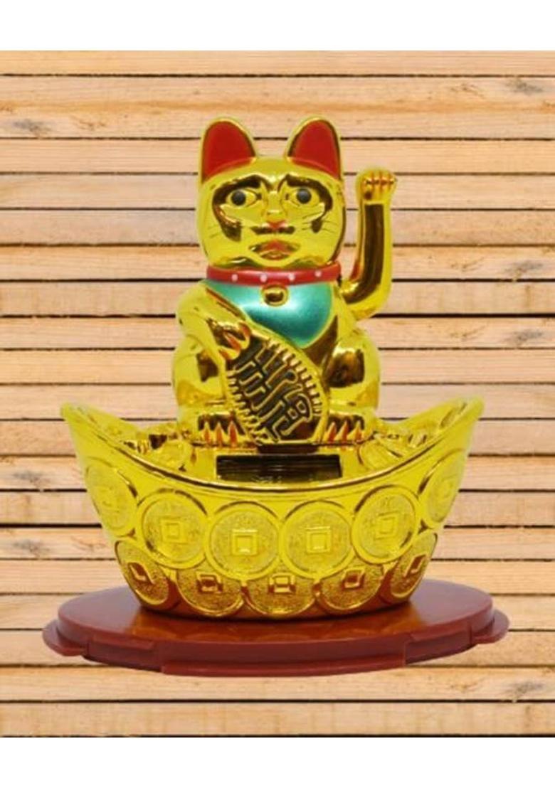 Feng Shui Art PNOTED Vastu / Welcome Cat Sitting On Money Ingot For Wealth And Prosperity Decorative Showpiece - 15 cm&nbsp;&nbsp;(Plastic, Gold) - Indya