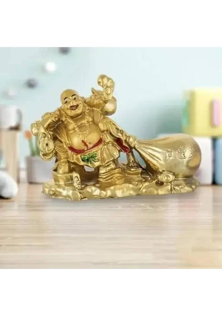 Radhe Laughing Buddha, Oval in Shape Decorative Showpiece - 7.5 cm&nbsp;&nbsp;(Resin, Gold) - Indya