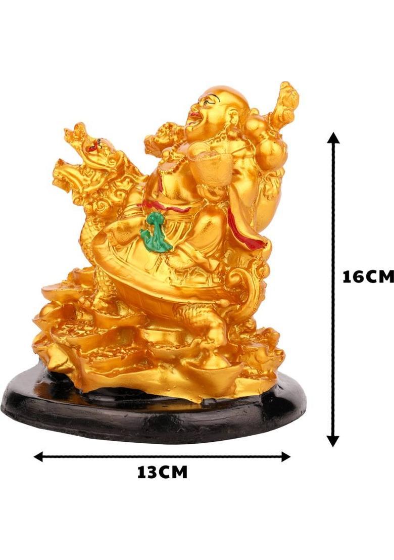 KHURSHID Feng Shui Golden Laughing Buddha with Dragon Tortoise on Bed of Wealth- Decorative Showpiece - 16 cm&nbsp;&nbsp;(Polyresin, Gold) - Indya