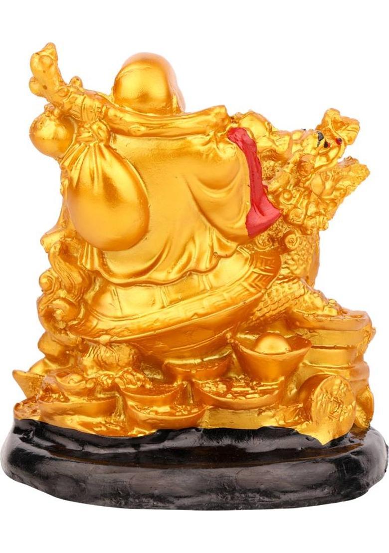 KHURSHID Feng Shui Golden Laughing Buddha with Dragon Tortoise on Bed of Wealth- Decorative Showpiece - 16 cm&nbsp;&nbsp;(Polyresin, Gold) - Indya