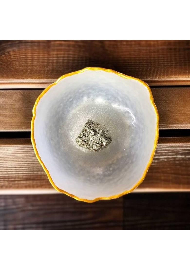 ABABILCRYSTAL SELENITE ORGAN BOWL AND PYRITE RAW COMBO Decorative Showpiece - 8 cm&nbsp;&nbsp;(Crystal, White, Gold) - Indya