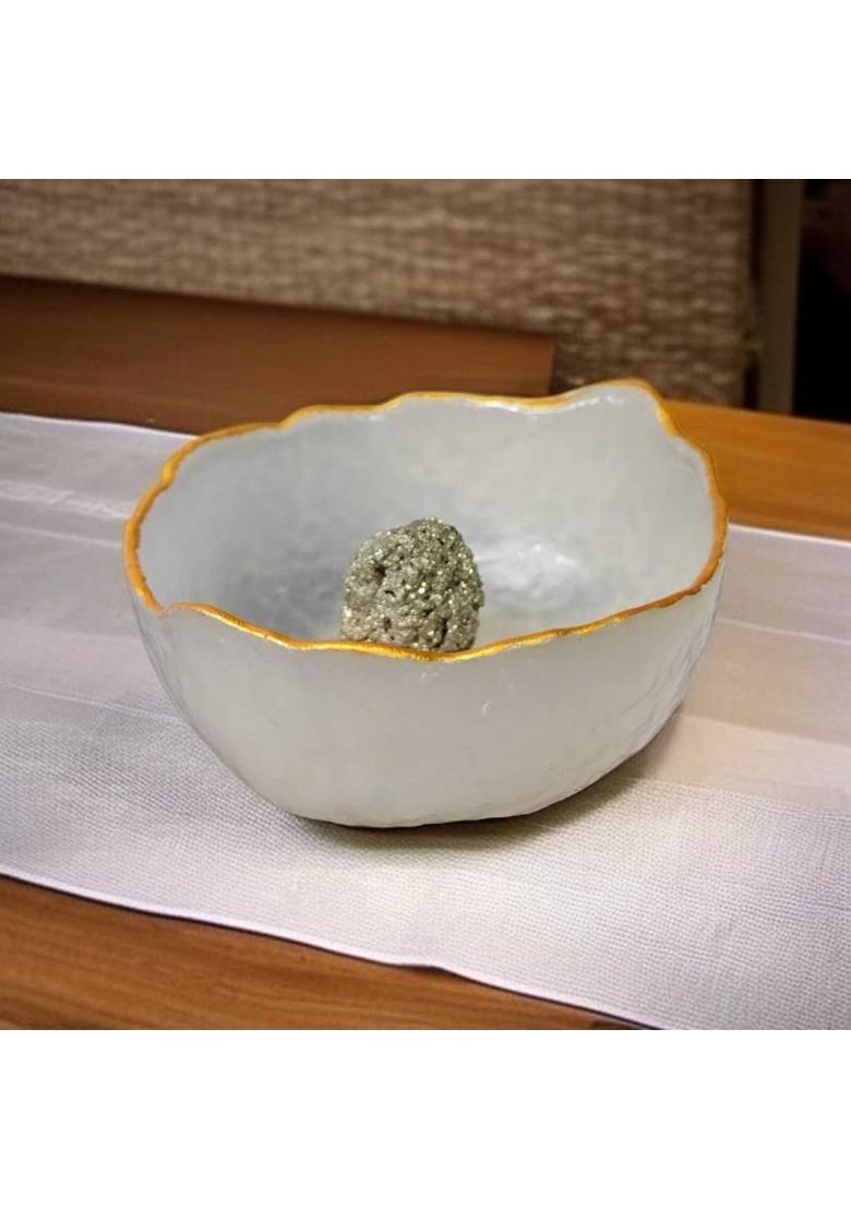 ABABILCRYSTAL SELENITE ORGAN BOWL AND PYRITE RAW COMBO Decorative Showpiece - 8 cm&nbsp;&nbsp;(Crystal, White, Gold) - Indya