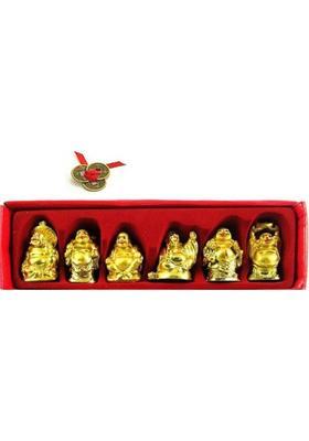 PAYSTORE COMBO OF Feng Shui Laughing Buddha Set of 6 Pieces & 3 LUCKY COINS Decorative Showpiece - 8 cm&nbsp;&nbsp;(Polyresin, Gold)