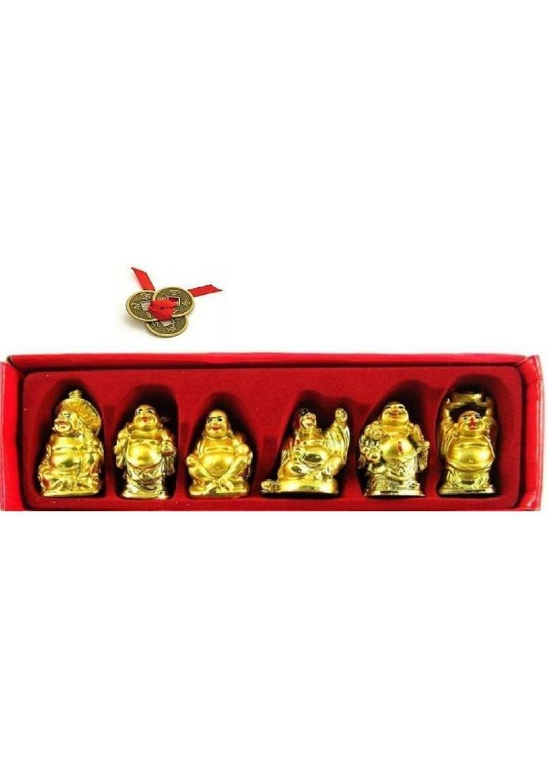 PAYSTORE COMBO OF Feng Shui Laughing Buddha Set of 6 Pieces & 3 LUCKY COINS Decorative Showpiece - 8 cm&nbsp;&nbsp;(Polyresin, Gold) - Indya