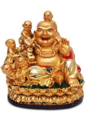 gandak original Laughing Buddha with 5 Children Decorative Showpiece - 7 cm&nbsp;&nbsp;(Polyresin, Gold)