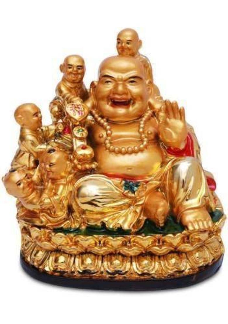 gandak original Laughing Buddha with 5 Children Decorative Showpiece - 7 cm&nbsp;&nbsp;(Polyresin, Gold) - Indya