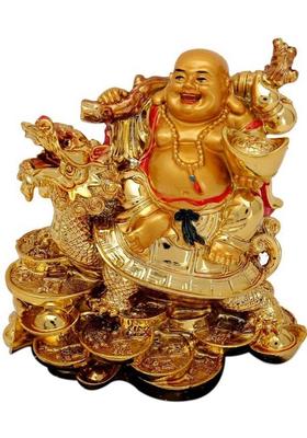 Feng Shui Art Vastu / Laughing Buddha Sitting on Dragon Tortoise For Happiness, Wealth & Good luck Decorative Showpiece - 11 cm&nbsp;&nbsp;(Polyresin, Gold)