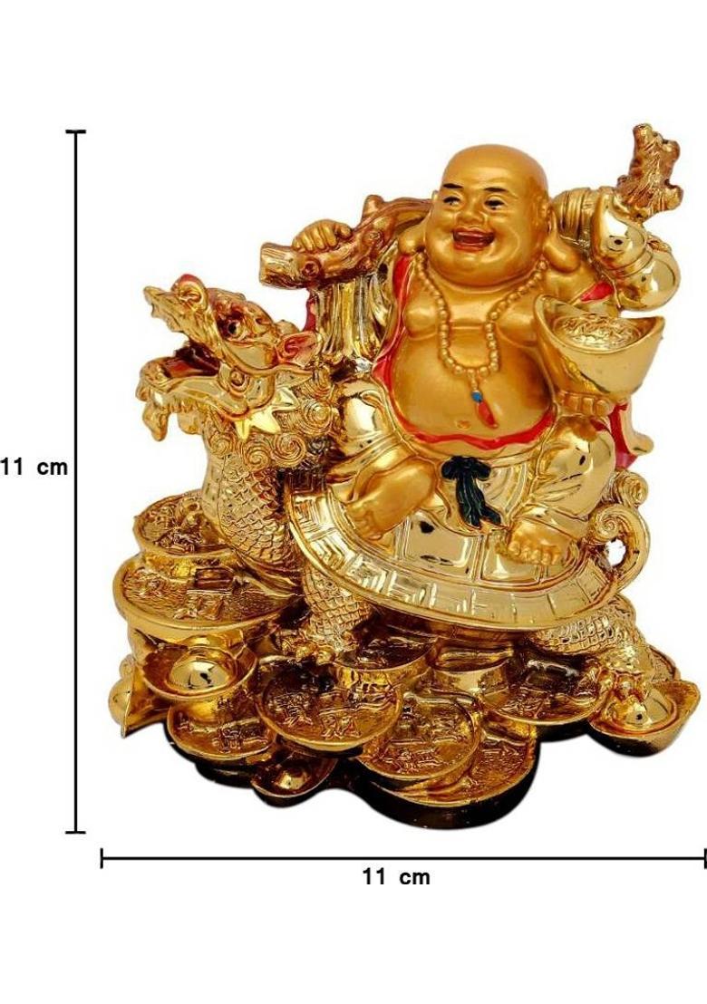 Feng Shui Art Vastu / Laughing Buddha Sitting on Dragon Tortoise For Happiness, Wealth & Good luck Decorative Showpiece - 11 cm&nbsp;&nbsp;(Polyresin, Gold) - Indya