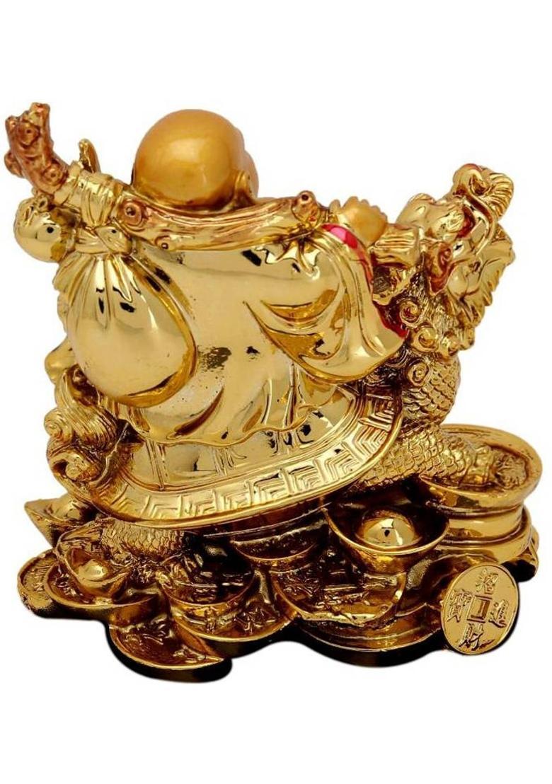 Feng Shui Art Vastu / Laughing Buddha Sitting on Dragon Tortoise For Happiness, Wealth & Good luck Decorative Showpiece - 11 cm&nbsp;&nbsp;(Polyresin, Gold) - Indya