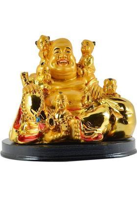 GJ Laughing Buddha With Children Decorative Showpiece - 10.5 cm&nbsp;&nbsp;(Polyresin, Gold)