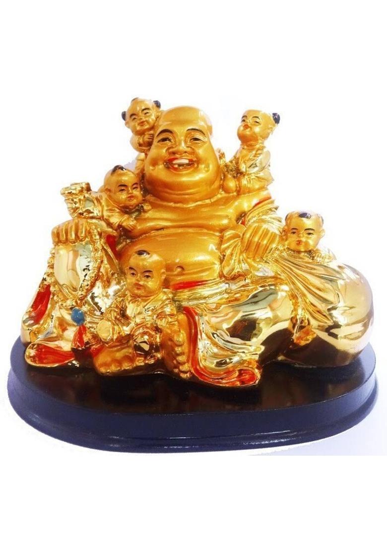 GJ Laughing Buddha With Children Decorative Showpiece - 10.5 cm&nbsp;&nbsp;(Polyresin, Gold) - Indya