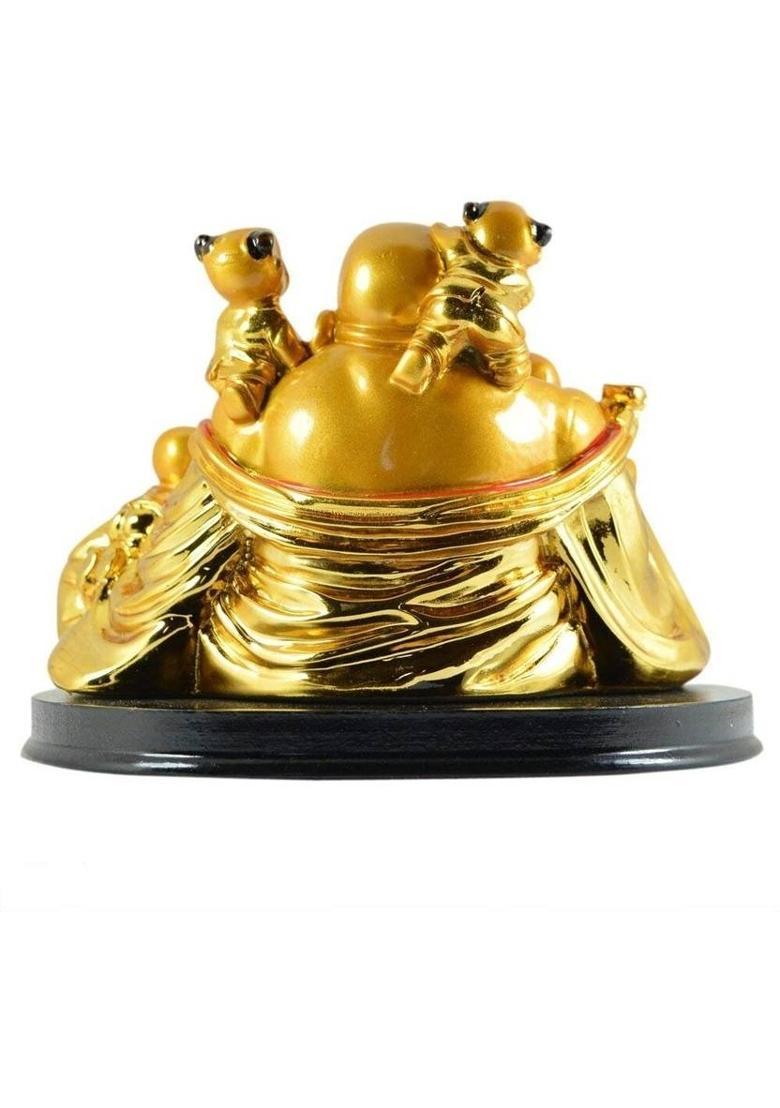 GJ Laughing Buddha With Children Decorative Showpiece - 10.5 cm&nbsp;&nbsp;(Polyresin, Gold) - Indya