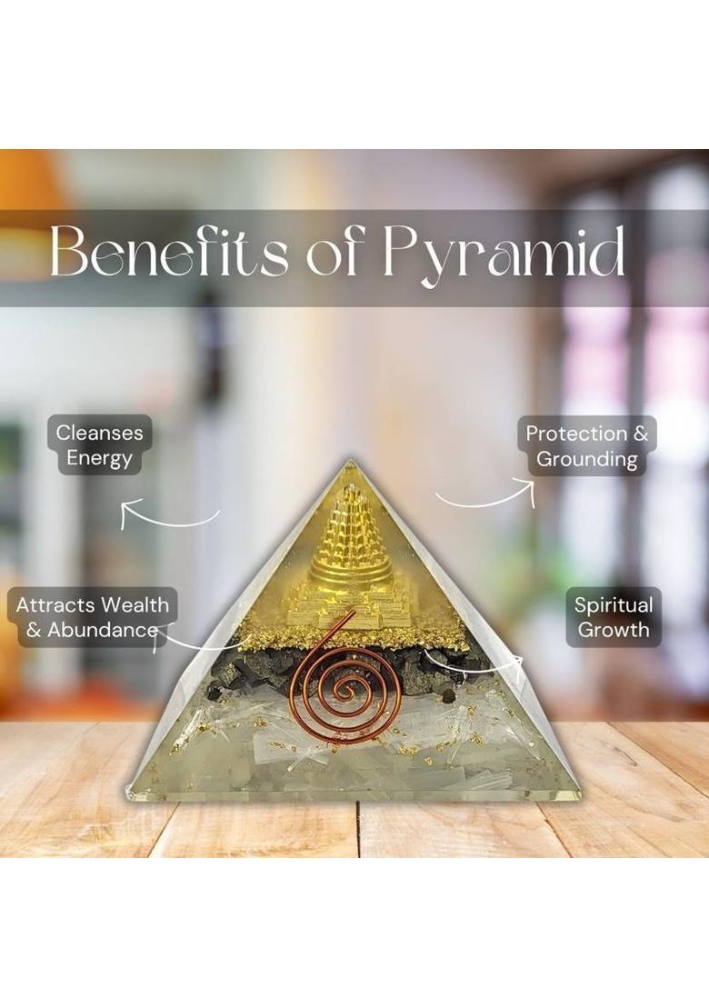 Calminds Selenite Money Magnet Pyrite crystal Pyramid for home,Vastu ,Chakra Healing Decorative Showpiece - 8 cm&nbsp;&nbsp;(Crystal, Beige) - Indya
