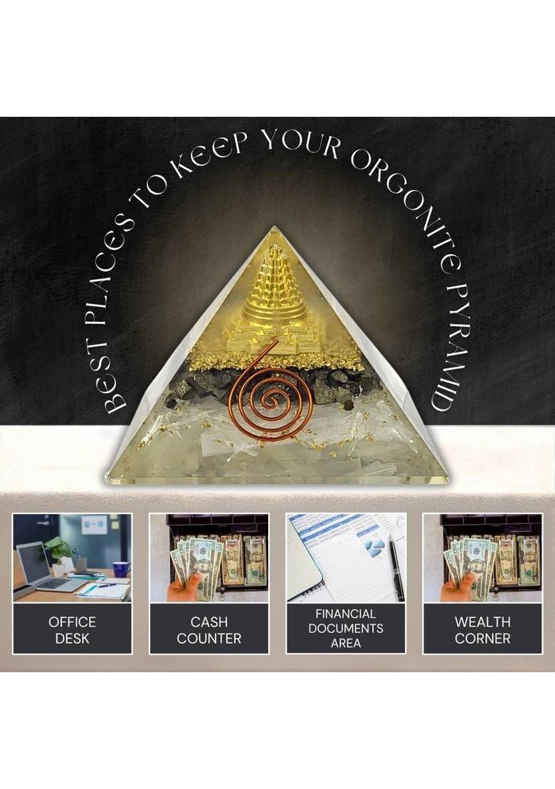 Calminds Selenite Money Magnet Pyrite crystal Pyramid for home,Vastu ,Chakra Healing Decorative Showpiece - 8 cm&nbsp;&nbsp;(Crystal, Beige) - Indya