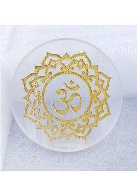 SWARACRYSTAL Om Symbol Selenite Charging Plate | Spiritual Energy Cleansing, Crystal Charging Decorative Showpiece - 8 cm&nbsp;&nbsp;(Crystal, White, Gold)