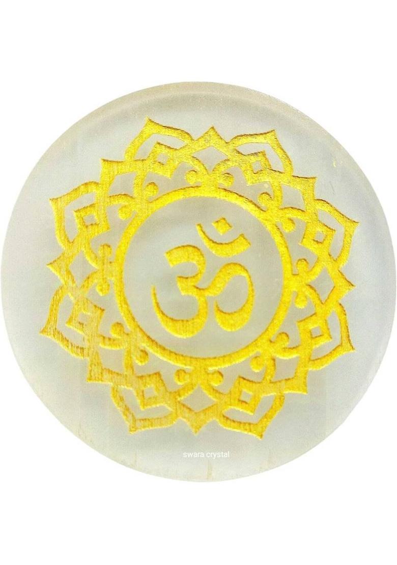 SWARACRYSTAL Om Symbol Selenite Charging Plate | Spiritual Energy Cleansing, Crystal Charging Decorative Showpiece - 8 cm&nbsp;&nbsp;(Crystal, White, Gold) - Indya