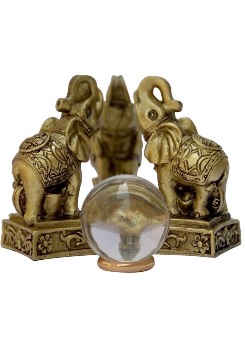 Feng Shui Art Vastu / Triple Elephent With Crystal Ball For Wish, Wealth, Happyness & Prosperity Decorative Showpiece - 9 cm&nbsp;&nbsp;(Polyresin, Gold) - Indya