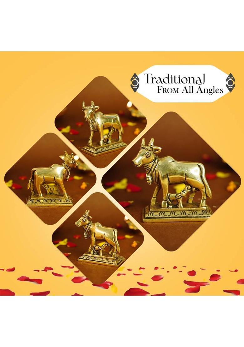 Ekhasa 100% Pure Brass Kamdhenu Cow & Calf Vastu Idol for Pooja & Home Decor Decorative Showpiece - 6.5 cm&nbsp;&nbsp;(Brass, Gold) - Indya