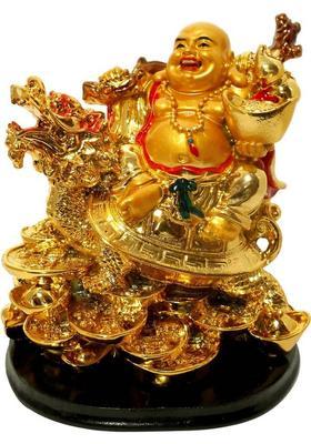 Vastu Art / Vastu / Feng Shui / Laughing Buddha Sitting on Dragon Tortoise For Health, Wealth & Goodluck&nbsp;Happiness Decorative Showpiece - 13 cm&nbsp;&nbsp;(Polyresin, Gold)