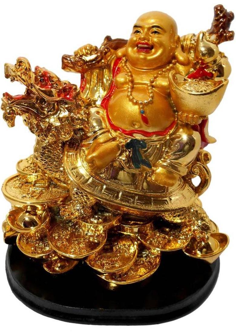 Vastu Art / Vastu / Feng Shui / Laughing Buddha Sitting on Dragon Tortoise For Health, Wealth & Goodluck&nbsp;Happiness Decorative Showpiece - 13 cm&nbsp;&nbsp;(Polyresin, Gold) - Indya