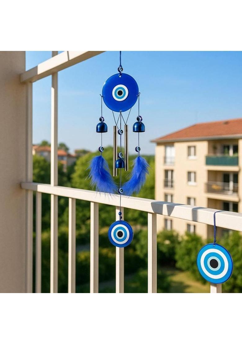 sculpmart Evil Eye (Dream Catcher) Style Wind Chime With 2 Wings& 3 Bells For Home&Balcony Decorative Showpiece - 58 cm&nbsp;&nbsp;(Metal, Blue) - Indya