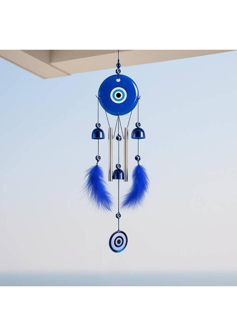 sculpmart Evil Eye (Dream Catcher) Style Wind Chime With 2 Wings& 3 Bells For Home&Balcony Decorative Showpiece - 58 cm&nbsp;&nbsp;(Metal, Blue) - Indya