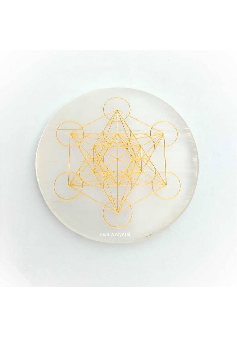 SWARACRYSTAL Selenite Crystal Charging Plate Fengshui Decorative Showpiece - 8 cm&nbsp;&nbsp;(Crystal, White, Gold) - Indya