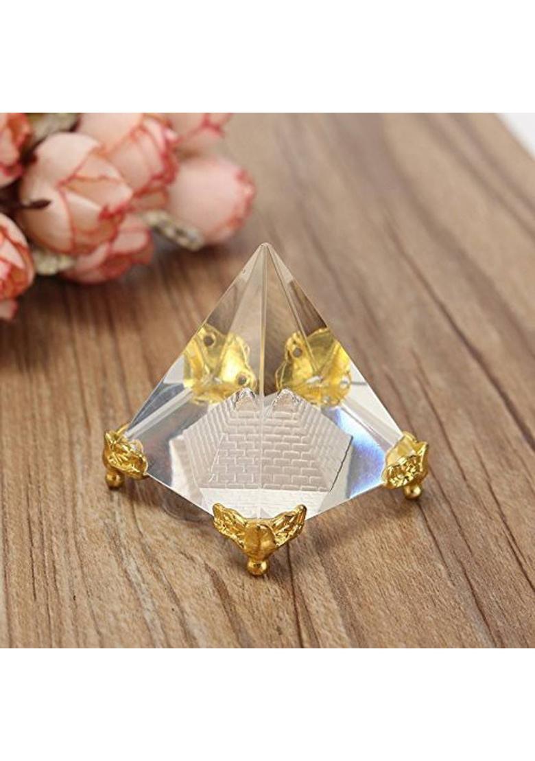 SWISS WONDER Feng Shui Glass Crystal Pyramid with Stand Amethyst Energy Generator Decorative Showpiece - 4 cm&nbsp;&nbsp;(Crystal, Gold, Clear) - Indya