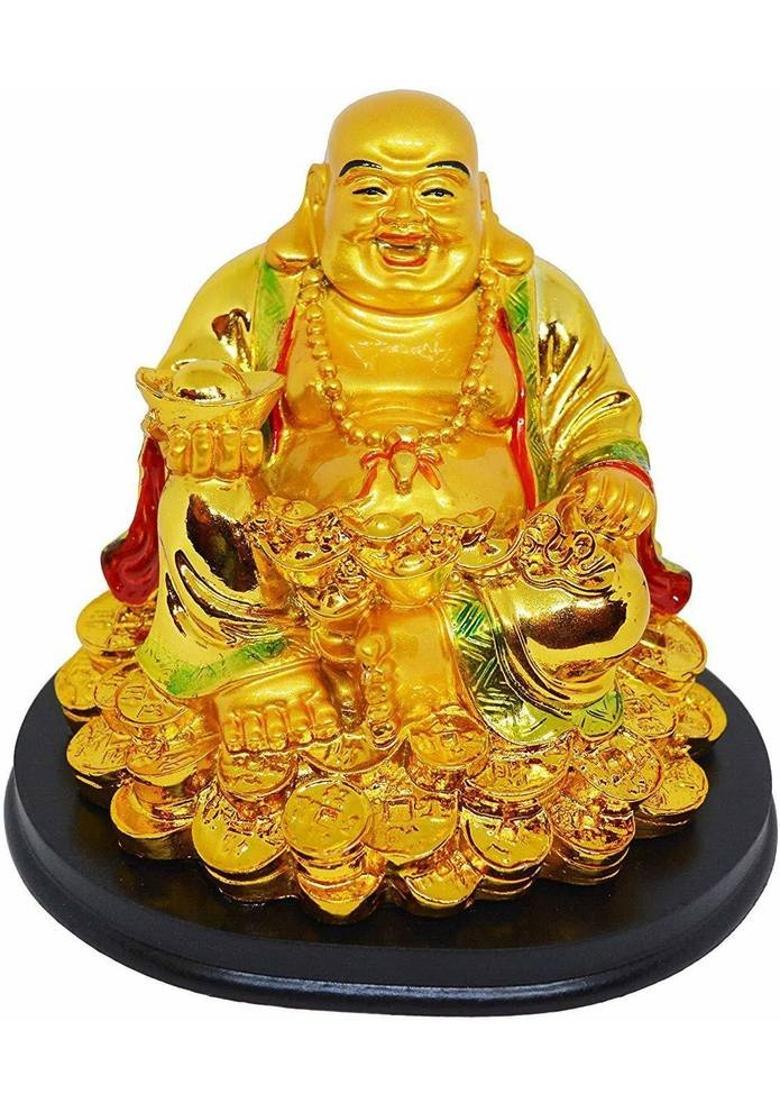 Ripe India Feng Shui Laughing Buddha with Wealth for Money Success and Happiness&nbsp; Decorative Showpiece - 15 cm&nbsp;&nbsp;(Polyresin, Gold) - Indya